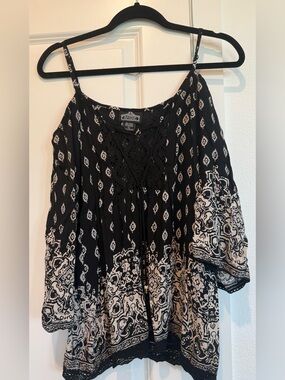 Angie Boho Black & White Crochet-Yoke Spaghetti Strap Tunic